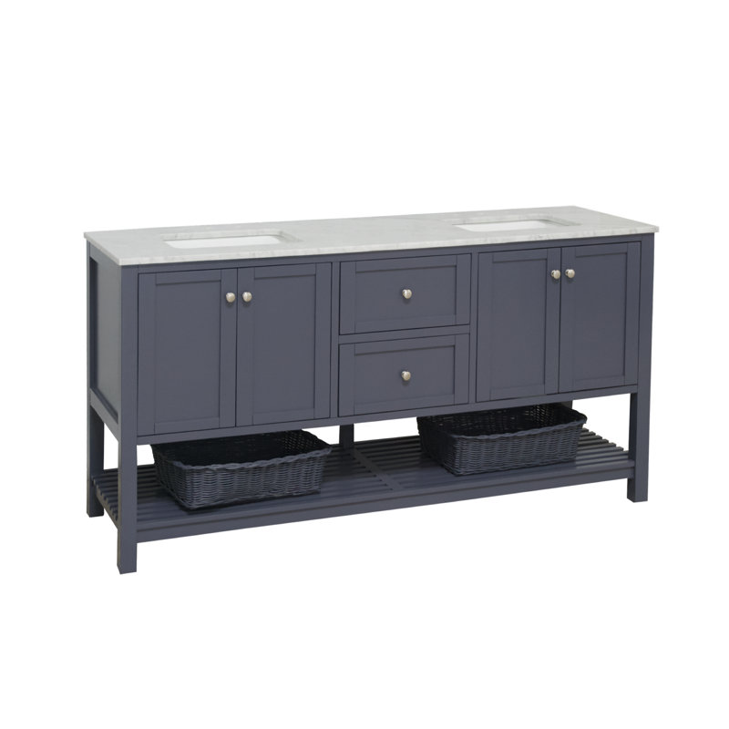 Ensemble de meuble-lavabo double 72 po Binne, Gris marine, Marbre de Carrare