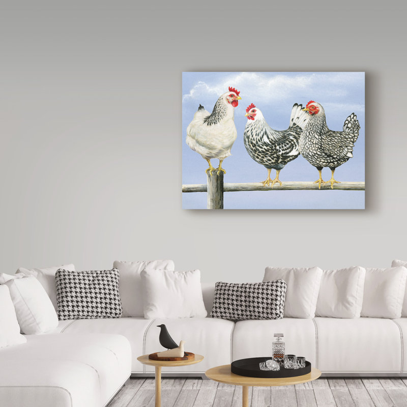 « three black prepour poules », reproduction de peinture à l’acrylique sur toile tendue, H 14 po x l 19 po x P 2 po