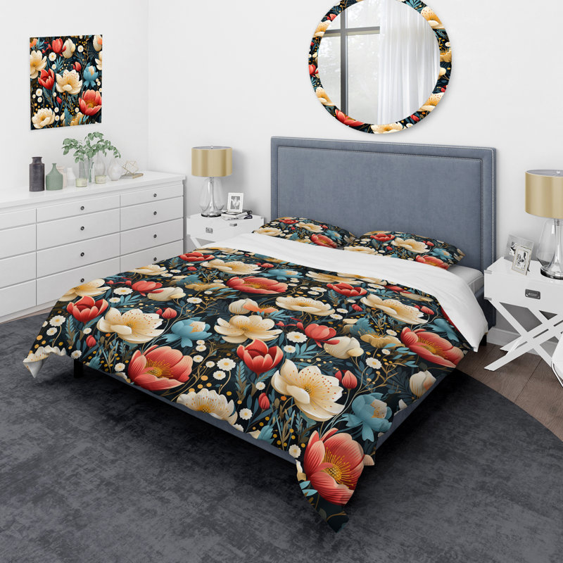 Motif floral artistique - ensemble de housse de couette floral - microfibre de polyester
