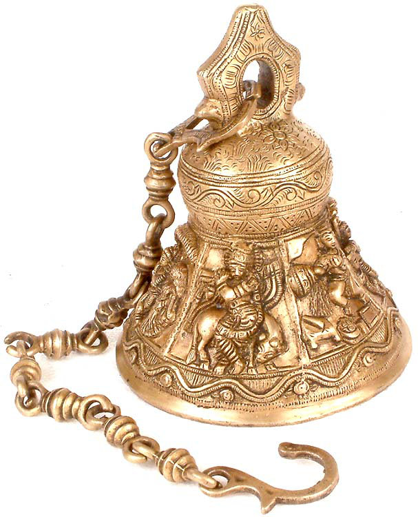 Cloche rituelle suspendue avec six images de bon augure de Krishna
