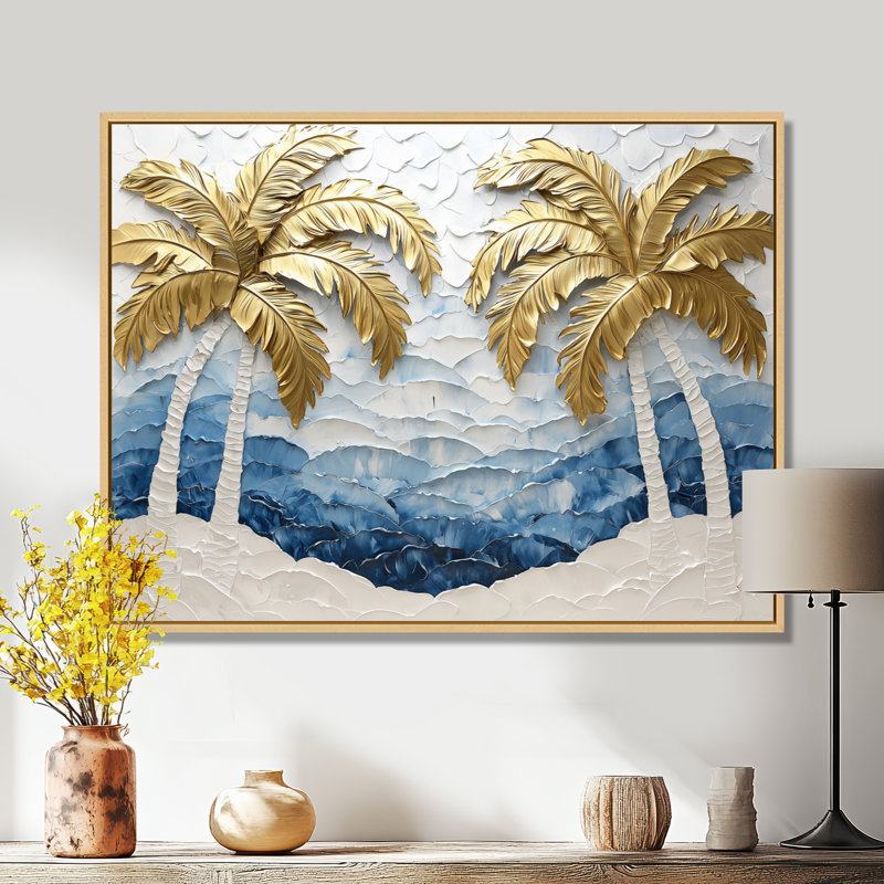 «Cleao Golden Aqua Plams On The Beach I» - art mural palmiers et palmiers, H 34 po x l 44 po, Impression encadrée flottante