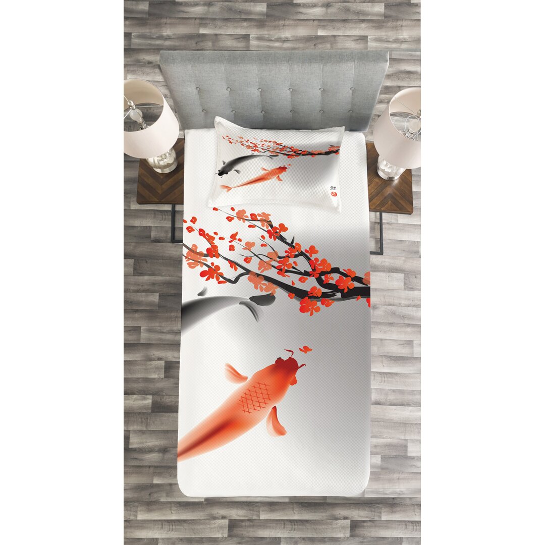 Gestepptes Bettdecken-Set, Koi Karpfen-Fische Paar, japanisch, Orange Grau