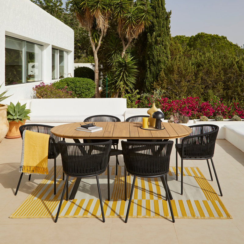6 Seater Oval Wooden Garden Dining Set with 6 Rope Chairs, Black