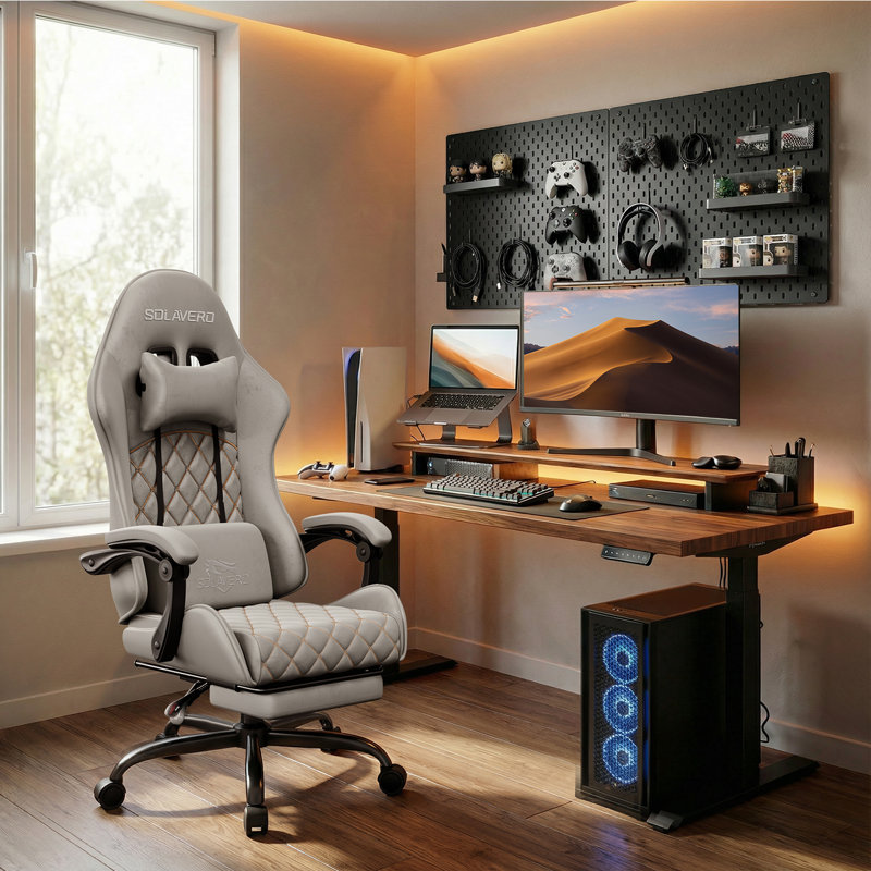 Metro Lane Adjustable Reclining Ergonomic Swiveling PC & Racing Game Chair with Footrest, Grey