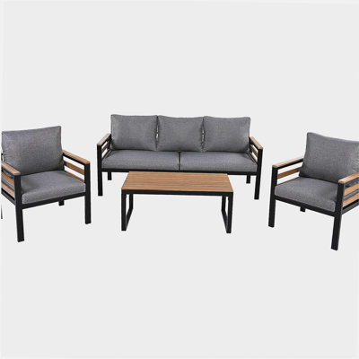 4-Piece Outdoor Furniture Sofa Set for 5 People with  Acacia Wood Armrests, Patio Conversation Set with Removable Cushion and Solid Wood Coffee Table  for Garden, Grey