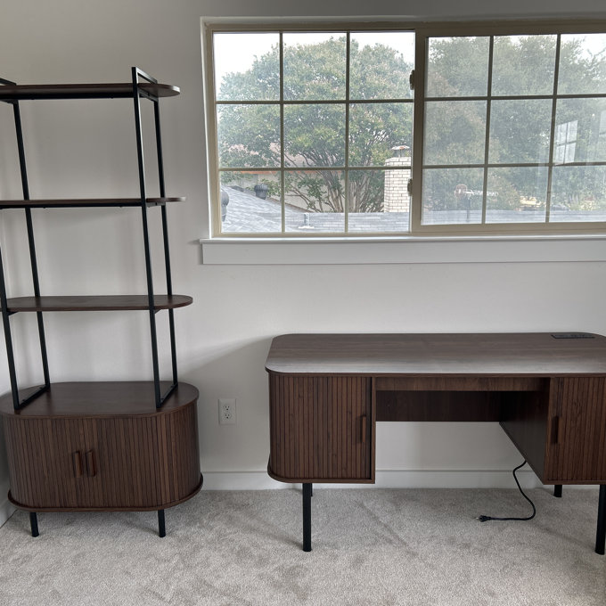 55'' Computer Desk With 2 Storage Cabinets, Mid Century Executive Desk With Charging Station, Modern Home Office Large Desk With Adjustable Metal Legs - Walnut, 29.53" H x 63" W x 20.08" D