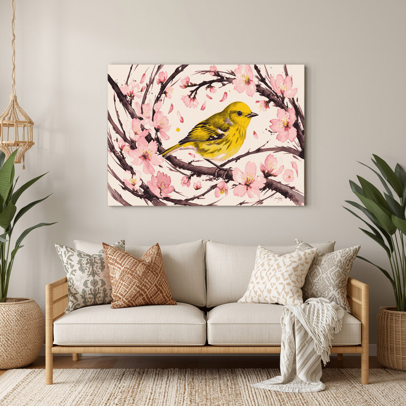 Oiseaux, fauvette jaune, art mural en métal blanc, H 20 po x l 24 po