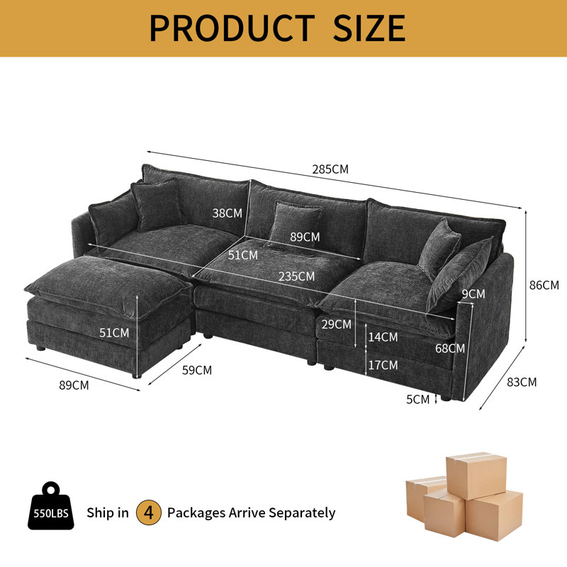 3 Seater Chenille Sofa, Grey