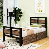 Twin Size Platform Bed with Rotatable TV Stand and Storage Drawers