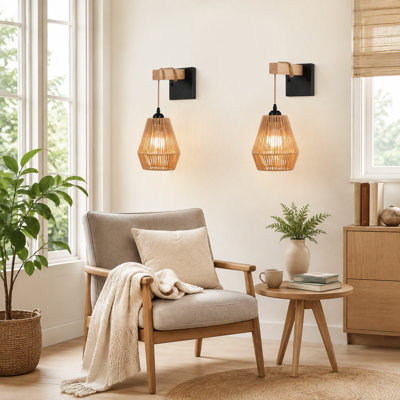 Set of 2 Rechargeable Farmhouse Boho Rattan Wireless Wall Sconces with Remote-Controlled Dimming for Bedroom, Kitchen, Living Room and Entryway