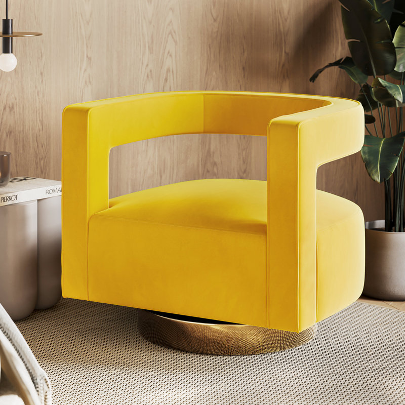 Keegan Upholstered Swivel Barrel Chair, Yellow Velvet, Gold