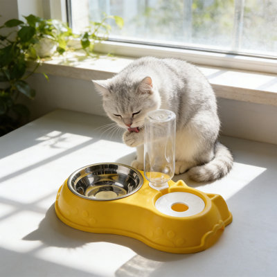 Stainless Steel Pussy Bowl with Automatic Water Dispenser 2 in 1 Gravity Waterer, 13.78x6.1x9.84 in, Yellow