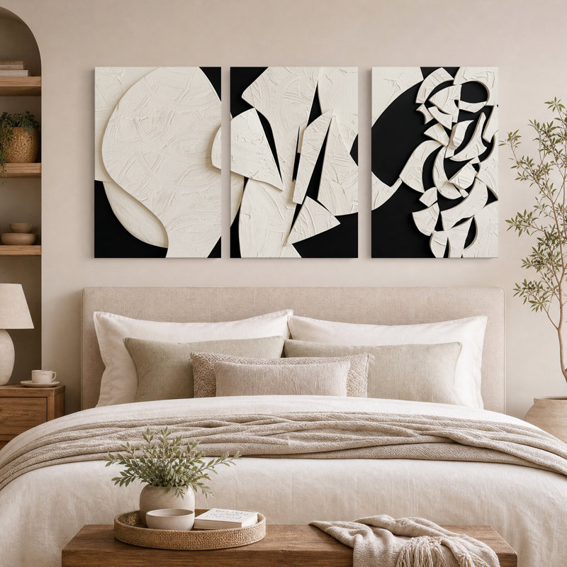 Ensemble de 3 toiles murales représentant des formes abstraites blanches texturées sur fond noir, 24"H x 16"W x 3pcs