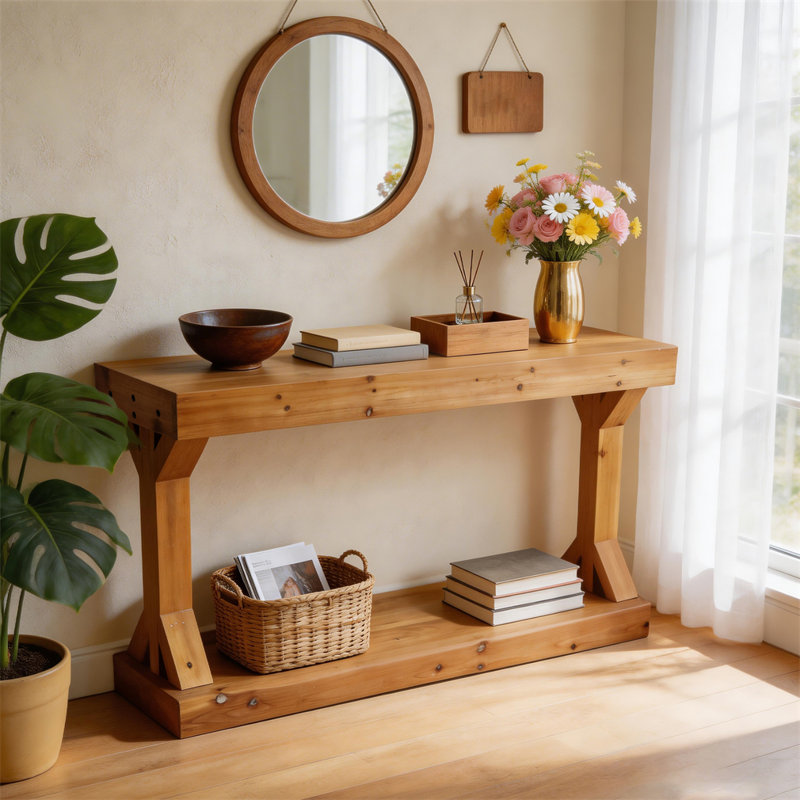 47.24” Console Table Long Farmhouse Solid Fur Wood Console Entryway Table For Hallway With Shelf, Natural Wood
