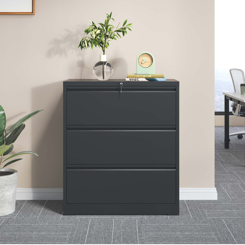 Black Steel 3-Drawer Lockable Lateral Filing Cabinet