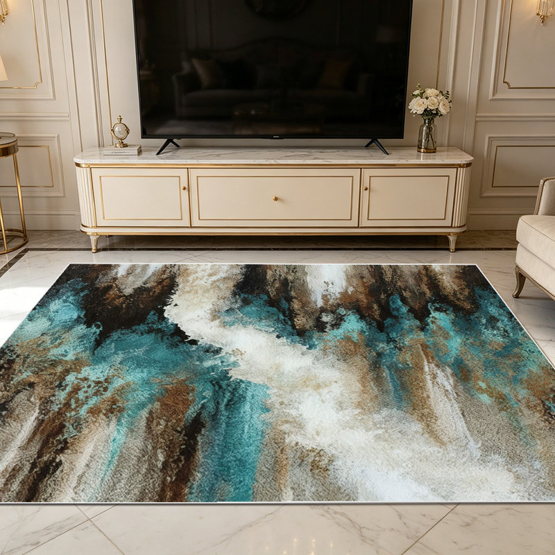 1PC Abstract Teal & Brown Cream Brushstroke Watercolor area rugs for Living Room, Soft and Comfortable, Suitable for all seasons, easy-to-maintain, machine washable Indoor floor mat, Under Table Farmhouse suitable for dining room, bedroom, entryway,