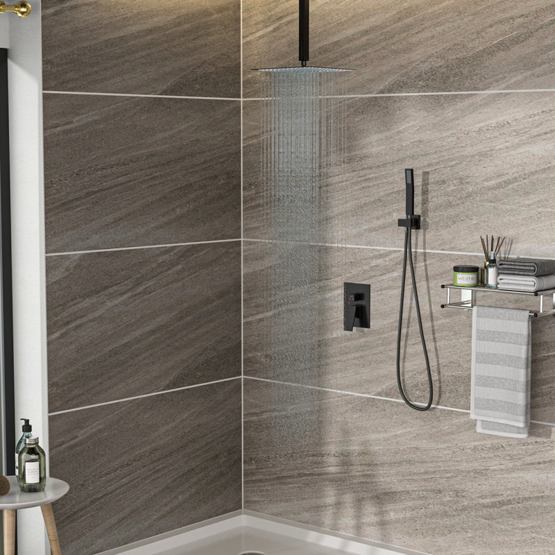 Pomme de douche à fixation au plafond 16 po en bronze caoutchouté huilé, couverture de pluie, soupape d'échaudage et fonction de pluie carrée en bronze avec débit d'eau équilibré réglable, facile