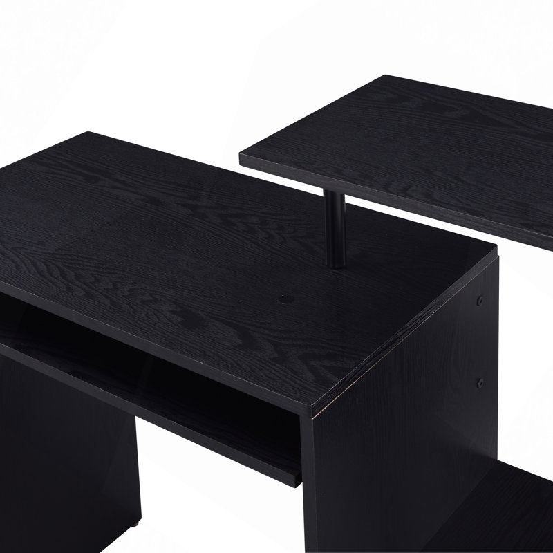 Desk,Rectangular Computer Desk With Keyboard Tray, Shelf Compartment, Black, 34.51" H x 37.53" W x 16.56" D
