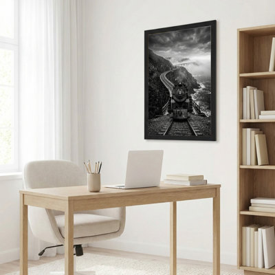 Art mural sur toile noir encadré pour le salon, la chambre à coucher, le bureau ou le vestibule - Décoration murale décorative avec paysage de train