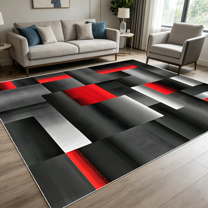 1PC 3D Metallic Geometric Abstract Black Red Silver Tone area rugs for Living Room, Soft and Comfortable, Suitable for all seasons, easy-to-maintain, machine washable Indoor floor mat, Under Table Farmhouse suitable for dining room, bedroom,