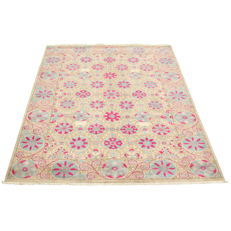 Tapis unique en laine noué à la main style kaki clair / rose des années 2010 de 6 pi 2 po x 9 pi 4 po Tayyibah
