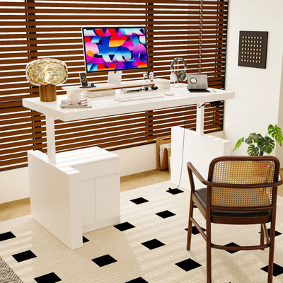 Bureau électrique réglable en hauteur de 70,9 pouces avec armoire de rangement, tiroir et 4 positions mémorisables