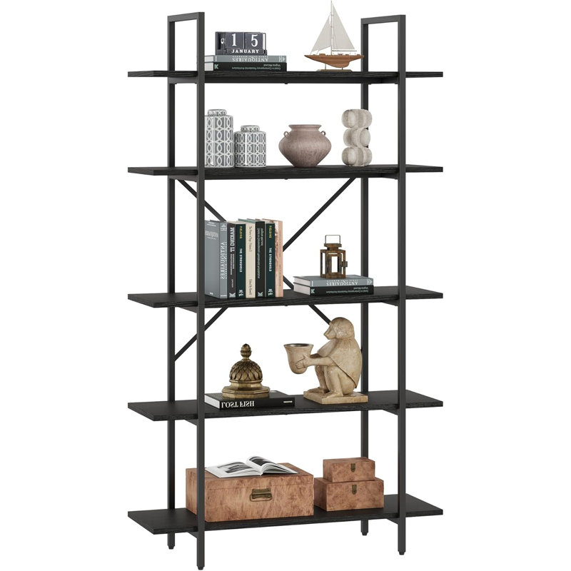 Bibliothèque, bibliothèque à 5 niveaux, bibliothèque haute avec rangement, Noir, noir, noir, noir
