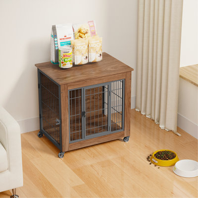 Mobilier de cage pour chien avec roulettes pour petits chiens, chenil robuste pour l'intérieur avec 2 portes, table de bout en bois pour cage pour animaux de compagnie, cage en métal robuste pour chien Anxiété