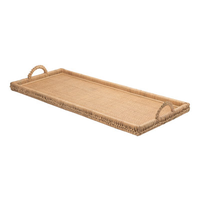 Plateau de service extra long en rotin noué et centre de table avec poignées, naturel