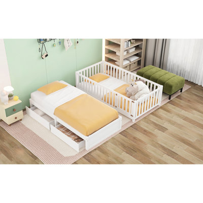 White Twin Daybed Featuring Fence And Storage Drawers, Convertible To Two Beds, Suitable For Teens, Quality Pine With Guardrails Space - Saving In Bedroom, Can Be Split Into Two, Safe Little Ones