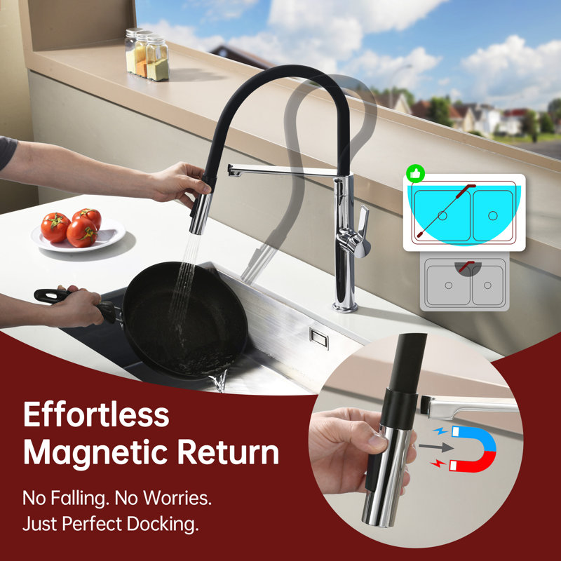 Robinet de cuisine rétractable sans plomb avec mode magnétique et station d'accueil magnétique Sumerain, Chrome