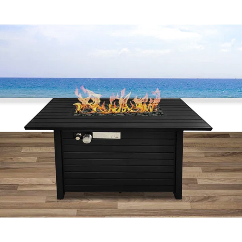 24" H Outdoor Steel Fire Pit Table With Propane - Black, , Slatted Base For Airy Feel, Lid, Cover, Lava Rocks, Glass Beads, Adjustable Flame, Deck Material Powered, Weather , Base, Approved