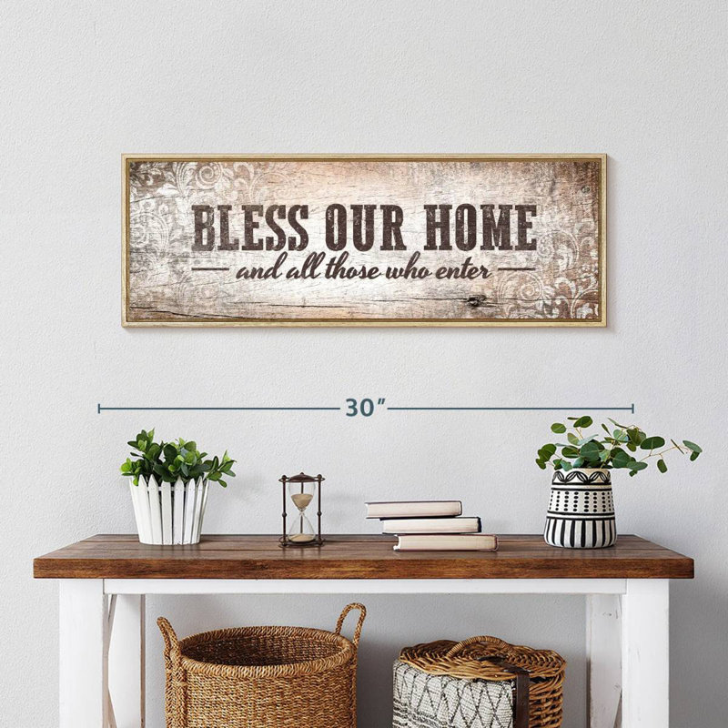 Plaque murale «Bless Our Home», Cadre flottant en bois naturel, 28 po x 10 po