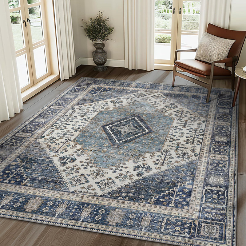 Oriental Machine Washable Blue Area Rug, Rectangle 160 x 230 cm