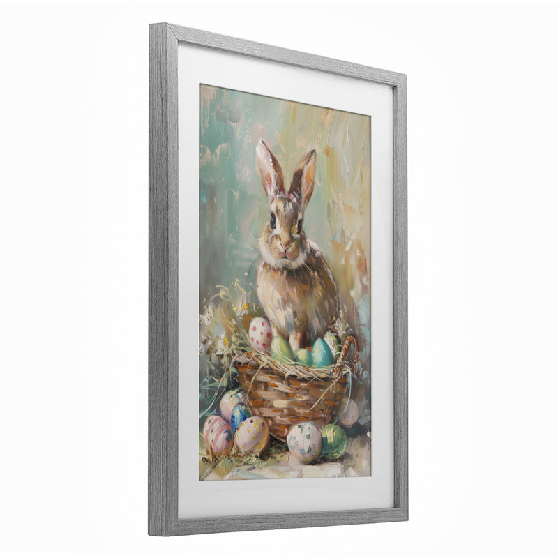 Printemps, panier de lapin de Pâques, reproduction encadrée sous verre, design par LSR Design Studio, H 23 po x l 17 po