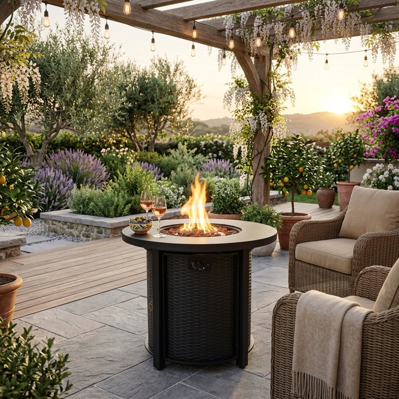 30" Propane Gas Fire Pit Table - 50,000 BTU Round Steel Outdoor Fire Pit with Lid, Electronic Ignition, and Lava Rocks for Patio, Deck, Garden (Black)