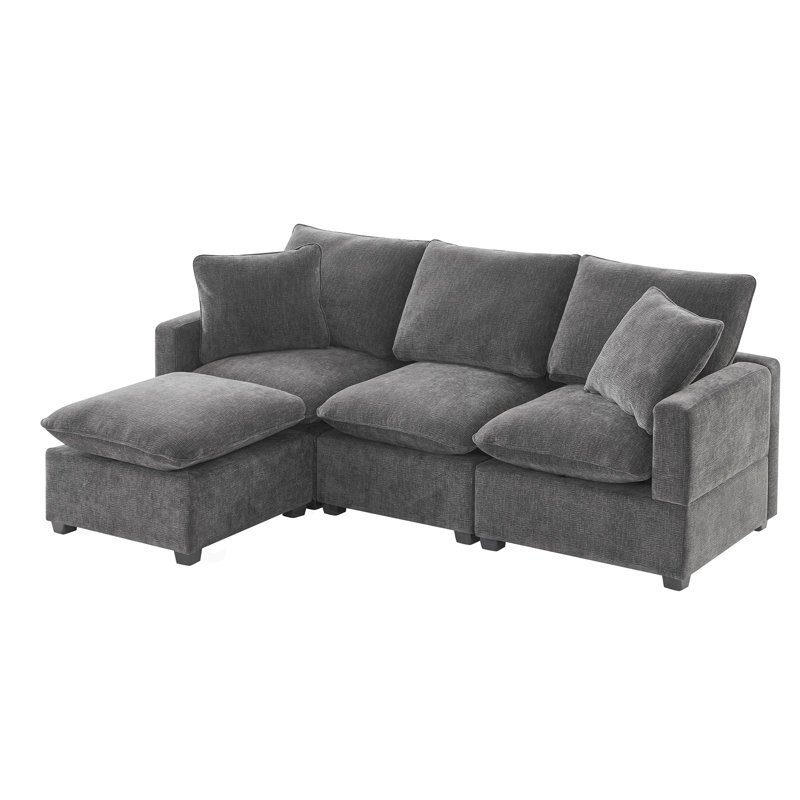Canapé modulaire 84 * 57 ", canapé modulaire en chenille 4 places avec 2 coussins, structure en bois massif, coussins en mousse haute librement combinables, pour bureau, coussins, meubles intérieurs noirs et gris