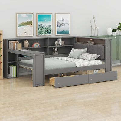 Wood Bed Frame with Storage Shelves, Drawers, LED Lighting & Charging Ports