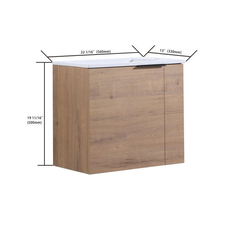 Ensemble de meuble-lavabo mural simple avec plateau en céramique 22,07 po Oreta, Brun clair
