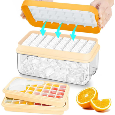 Ice Cube Tray with Lid and Bin, 64 pcs Ice Tray Kit with Ice Scoop, Ice Cube Pop Out Tray, Ice Cube Trays for Freezer, Ice Cube Molds, BPA Free, Easy Release Stackble Spill，Resistant
