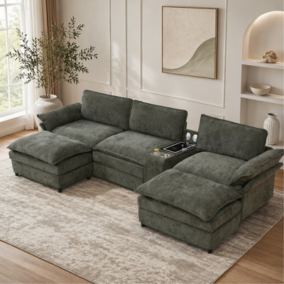 [VIDEO PROVIDED]U Shaped Modular Sectional Sofa,Storage Console & Wireless Charging,2 Cup Holders,Bluetooth Speakers,2 Movable Footstools,Adjustable handrail,Movable seat,Chenille,Green
