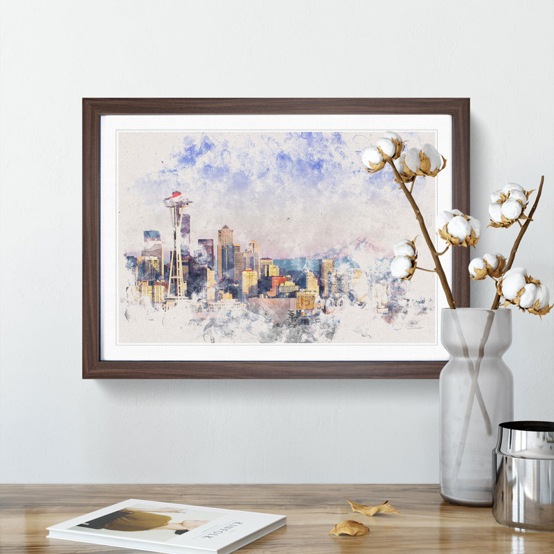 Seattle Skyline - Picture Frame Painting Print, 24cm H x 33cm W x 2cm D, Walnut Framed