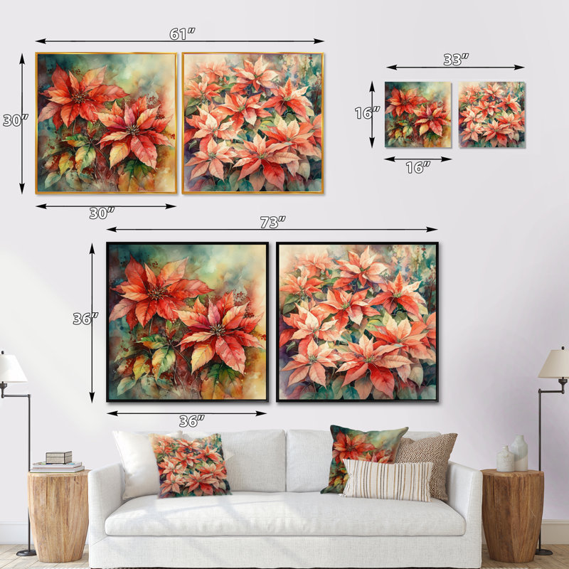 Poinsettias rouges en fleurs - ensemble de 2 collages floraux carrés, Cadre flottant noir, H 36 po x l 73 po