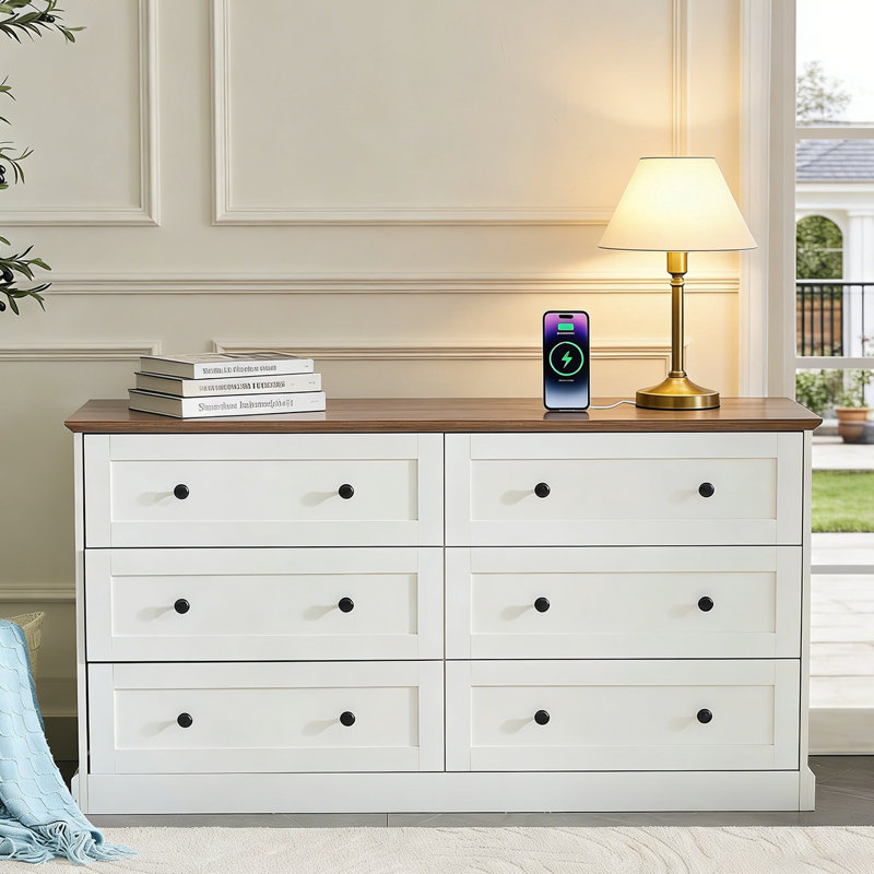 Farmhouse Dresser with Power Outlet, 6-Drawer Storage Organizer Chest with Charging Station, Rustic Dresser For Bedroom, Living Room, Hallway