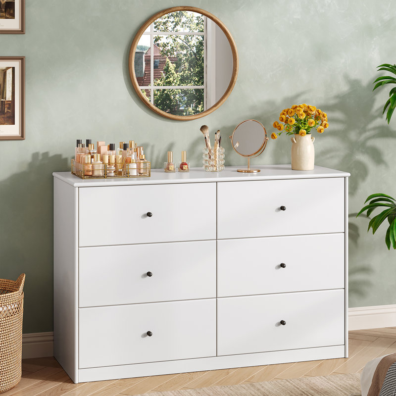 Commode blanche 6 tiroirs, commode de rangement moderne 47 po, Blanc