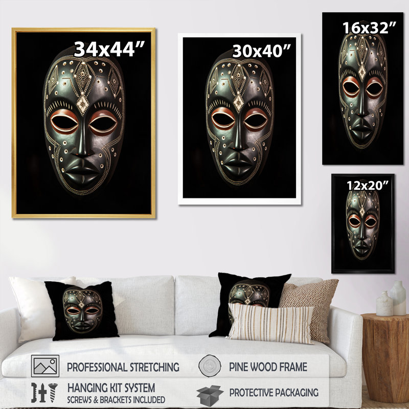 Masque africain Ethnical Traditional, Toile tendue, H 32 po x l 24 po x P 1 po