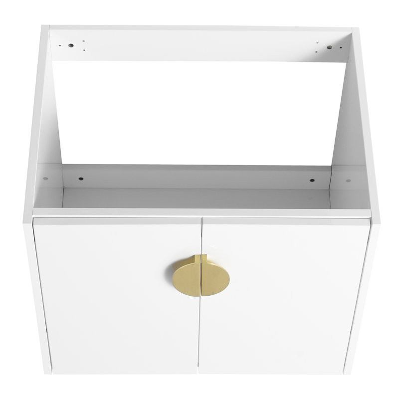 Meuble-lavabo de salle de bain mural de 24 po, blanc brillant, design moderne pour les petites salles de bain fixées au pouce. Salle de bain blanche à 2 portes. Lavabo en céramique. Contreplaqué. 2 poignées en métal doré et noir.