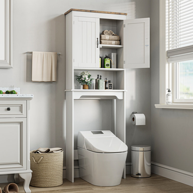 Meuble de rangement gain d'espace à placer au-dessus des toilettes – Porte double, étagères réglables, compartiment ouvert – Optimisateur de salle de bain pour petites salles de bain – Montage facile – Blanc