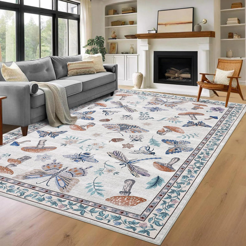 Mushroom & Insect Print Area Rug - Machine Washable, Low-Pile Soft Carpet with Non-Slip Backing for Living Room Bedroom Nursery Office - Beige - 140x200cm - Germany