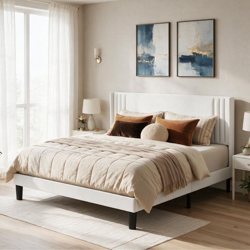 Lit plateforme tapissier à oreilles, structure en métal avec lattes de bois, dégagement sous le lit de 7,5 po, aucun sommier requis, grand